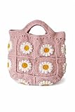 Handmade Crochet Tote Bag with Daisy Granny Squares Floral Knitted Shoulder Bag for Women | Boho Small Handbag Purse (Pink)