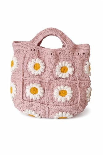 Handmade Crochet Tote Bag with Daisy Granny Squares Floral Knitted Shoulder Bag for Women | Boho Small Handbag Purse (Pink)