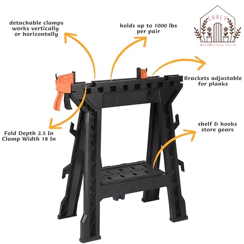 EHHLY Folding Saw Horses 2 Pack, Heavy Duty Clamping Sawhorse with Removable 18 Inch Bar Clamps for Woodworking, 2 Bench Dogs, 1000 LBS Load Capacity Total, Built-in Tool Tray and Cord Hooks - Image 3