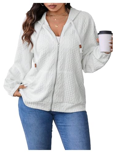 Women's Plus Size Textured Zip Up Jacket Long Sleeve Cable Knit Drawstring Hoodies with Pockets