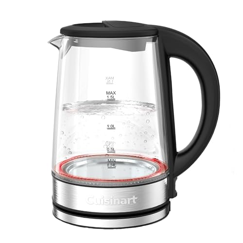 Cuisinart hervidor de vidrio de 1,5 L con hervido rápido de 3 kW, exterior frío al tacto, libre de BPA, pico antigoteo, base giratoria 360°, apagado automático y marcador para una taza.