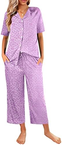 Ekouaer Pajamas Set for Womens Soft Silk Satin Sleepwear Casual Short Sleeve Pj Lounge Sets with Pockets Lilac Purple Leopard Print Medium