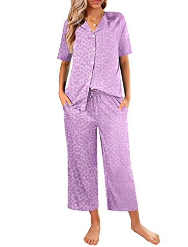 Ekouaer Pajamas Set For Womens Soft Silk Satin Sleepwear Casual Short Sleeve Pj Lounge Sets With Pockets Lilac Purple Leopard Print Medium #TOP3
