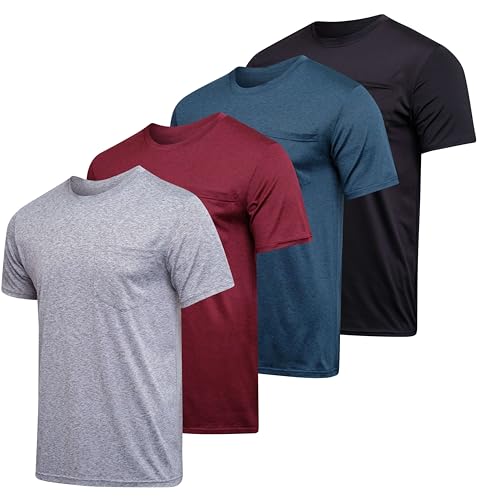 Real Essentials 4 Pack: Men's Dry-Fit Short Sleeve Pocket Crew Performance Athletic T-Shirt (Available in Big & Tall)