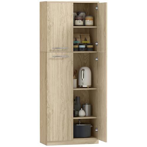 HOMCOM Aparador de Cocina, módulo de despensa con 2 armarios, Armario de Cocina con estantes Ajustables de MDF, para Comedor, salón, Sala de Estar, 59x31x155 cm, Roble