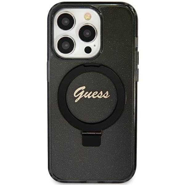 CG Mobile Guess GUHMN61HRSGSK Coque de Protection pour iPhone 11/XR 6,1" Noir Coque Rigide avec Anneau Support Script Paillettes