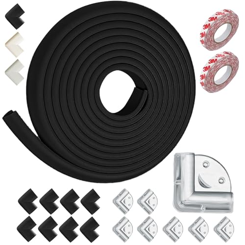 19PCS Baby Proofing Edge Protector Set (5m Roll + 8 Foam Corner Guards + 8 Clear Corner Protectors) | Safe & Thick Edge Bumpers for Baby Safety | Heavy-Duty Edge Guards for Home Furniture (Black)