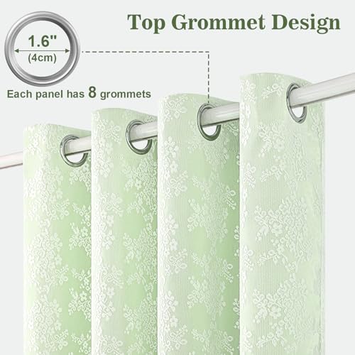 Image of Yinhua Double Layer Blackout Curtains for Bedroom Green Curtains for Living Room 63 Inch Length 2 Panels Set Kid Curtain with Tiebacks, Grommet Drapes with Floral Sheer Overlay, 52 inch W x 63 inch L