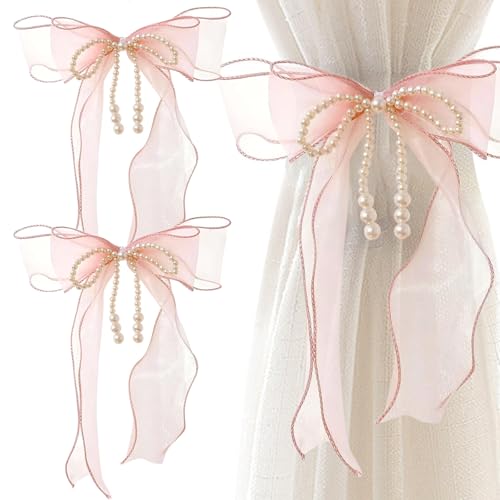 2 Pcs Pink Bedroom Accessories, Curtain Tiebacks, Tie Backs For Voiles, With Pearls Sweet Bowknot Holdbacks For Stylish Home Bedroom Offices Dining Rooms Wedding Party Decoration - 31.5 In(80 Cm)