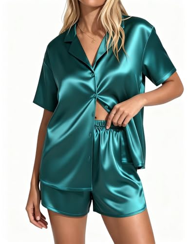 Image of Ekouaer Womens Satin Pajama Set Short Sleeve Sleepwear Button Down Pjs | Silky Smooth Satin, Soft Top and Shorts, Bridal Getting Ready Outfit, 2 Piece Loungewear Set for Daily Sleep, Wedding Party