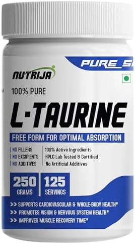 NutriJa Taurine Powder - 100% Pure Free Form Taurine - No Additives, No Fillers - Supports Heart, Nerve & Muscle Recovery 250 Grams Pack