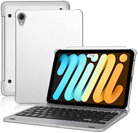 BORIYUAN iPad Mini 6 Keyboard Case 2021, Protective Ultra Slim Hard Clamshell Folio Stand Smart Cover with Wireless Bluetooth Keyboard for iPad Mini 6th Generation 8.3 inch - Silver