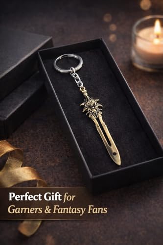 Image of BLUE WARRIOR God of war keychain (knif)- Fantasy Winged Dagger Keychain - Antique Gold Mini Sword Key Ring with Red Handle - Metal Collectible Key Holder for Men, Women, Gamers & Gift Giving