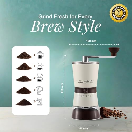 Image of Stainless Steel Manual Coffee Grinder, 80 Grams Bean Capacity | Stainless Steel Burr,Borosilicate Glass Jar, 8 Grind Settings,Beechwood Knob,For Drip Coffee,Espresso,Cappuccino,French Press