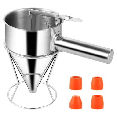 FWEEK Teigportionierer, 1200ml Pfannkuchen Teigspender Edelstahl, Backtrichter Kolbentrichter Fondanttrichter Edelstahl mit Rack und 4 Verschiedenen Düsen für Pfannkuchen