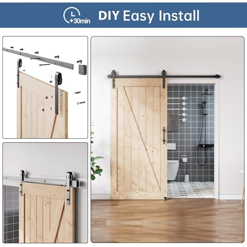 Image of EaseLife 6.7FT Sliding Barn Door Hardware Track Kit & Handle,Big Industrial Spoke Wheel Pulley,Wall Mount,Slide Smoothly Quietly,Easy Install,Black,80 inch Track Fit for 36-38 inch Wide Opening (No Door)