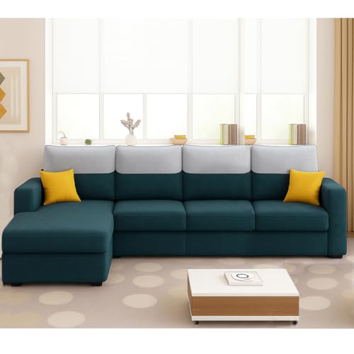 Image of Furny Tokiaa 6 Seater Fabric LHS L Shape Sofa Set (Tealish Green) | Soft Velvet Fabric | Modern Design | Comfortable Seating | Living Room Furniture