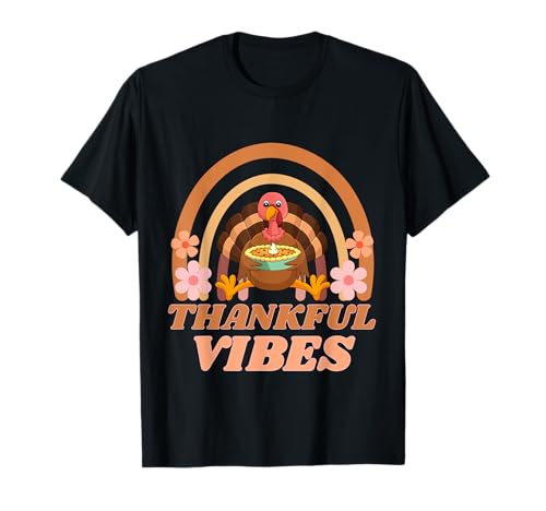 Thankful Vibes Turkey Rainbow Funny Retro Ringraziamento Donne Maglietta