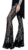 UR MAX BEAUTY Frauen Shinny Metallic Pailletten High Waist Stretchy Bell-Bottom-Schlaghosen, Wet Look Pants Club Wear,Schwarz,M