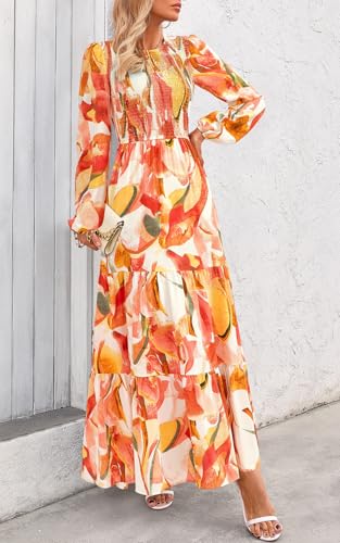 Image of PRETTYGARDEN Women's Fall Dresses 2026 Long Sleeve Flowy Casual Floral Maxi Dress Crew Neck Smocked Tiered Long Dress