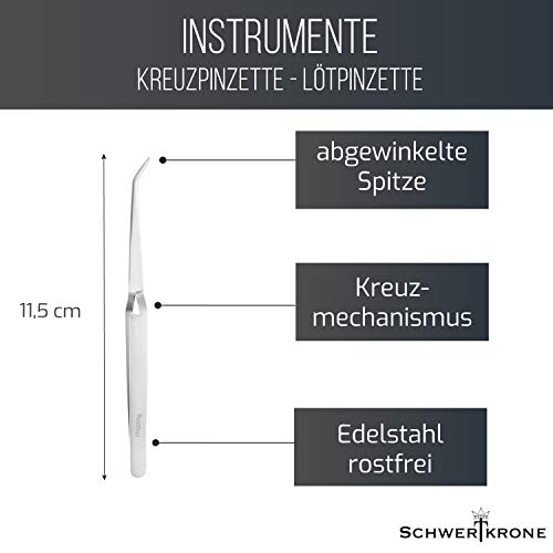 SCHWERTKRONE Lötpinzette Kreuzpinzette Industrie-Pinzette Technische Pinzette Splitterpinzette Zeckenzange - Fein Gebogen - 11,5 cm