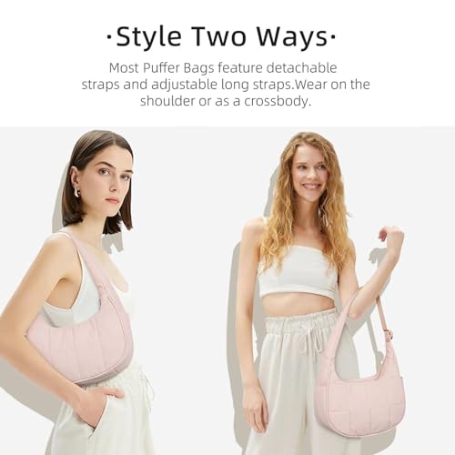 Image of Small Puffer Bag, Crescent Shoulder Bag for Women,Nylon Quilted Tote Handbags with Adjustable Strap (Pink)