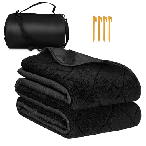 Northroad Waterproof Camping Blanket with Sherpa Lining, Large Windproof Outdoor Blanket for Cold Weather, Light Weight and Warm for Picnic, Stadium, Dog, Concert, 55'x82' (Black, 1PCS)