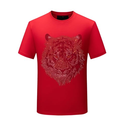 Mens Slim Fit Sparkly T-Shirt with Bling Rhinestones Tiger Graphic Round Collar Short Sleeve Party Cool T Shirts - S