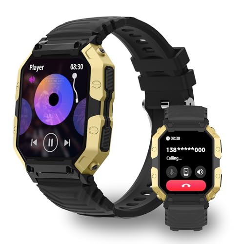 PEJE Smartwatch militar masculino com tela de 1,83 polegada, suporte a chamadas telefônicas, monitoramento de condicionamento físico, cardíaca e sono, compatível com iOS/Android.(Preto)