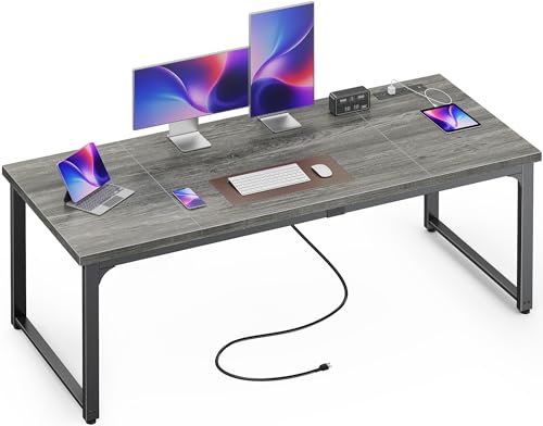 Huuger 63 x 24 inch Desk with Power Outlets & USB-C, Deeper & Thicker Desktop, Robust Metal Tubes, Computer Desk, Heavy Duty Office Desk, Work Gaming Desk, for Home Office, Grey