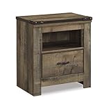 Signature Design by Ashley Trinell Rustic 1 Drawer Nightstand, USB Charing, Storage Cubby, Nailhead Accents, Wood, 24.72