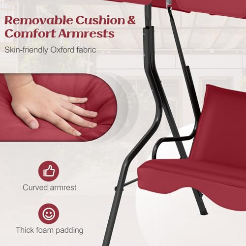 Image of Tangkula 3 Person Porch Swing, Patio Swing with Removable Cushion & Powder-Coated Steel Frame, Outdoor Swing with Canopy for Porch, Backyard, Garden, Balcony (Wine)