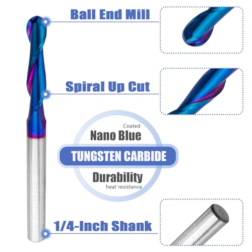 Image of Mesee Ball Nose End Mill CNC Router Bit 1 /4 Inch Shank Carbide Ball Nose Spiral Upcut Router Bit 1-1 /8 inch Cutting Length Nano Blue Coating Ball End Milling Bit Woodworking Carving Tool, 1 /4 inch Cutting Dia