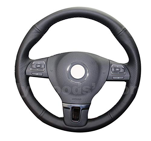 Loncky Custom Stitched Black Genuine Leather Steering Wheel Cover For Volkswagen Vw Tiguan / Vw Passat / Volkswagen Vw Cc / Vw Eos / Vw Golf Tdi / Sportwagen Tdi / Hybrid / Tdi /Se Accessories #TOP19