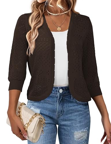 Image of REDHOTYPE Women's 3 /4 Sleeve Cardigan Open Front Cropped Shrugs Summer Hollowed Lightweight Cardigans Sweater (S-XL)