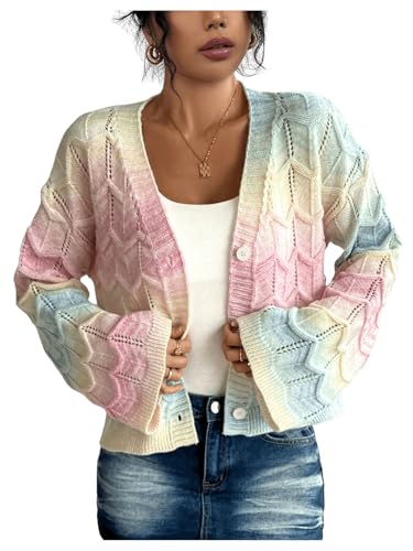 Image of MakeMeChic Women's Colorful V Neck Cardigan Sweater Long Sleeve Knit Cardigans Outerwear Pink Small