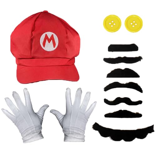 HhBdy Super Bros Accesorios, Disfraz Accesorios con Sombrero Barba Guantes y Botones Halloween Carnaval Navidad Cosplay, Disfraces de Carnaval para Niños Mujeres y Hombres (Sombrero Rojo)