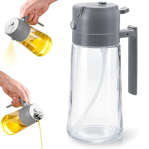 Campoverde Pulverizador Aceite Spray 2 en 1 450ml, Botella de Vidrio Dispensadora de Aceite para Cocina, Gadgets de Cocina, Accesorios Freidora de Aire, Ensaladas, BBQ y Vinagre,Gris