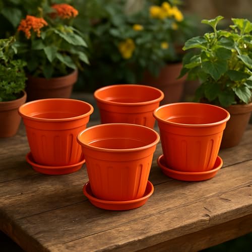 Image of 6 inch Plant Pot with Base Plate (Set of 4 Pot + 4 Base Plate) | Indoor Flower Pot with Saucer | Premium Flower Pots for Plants