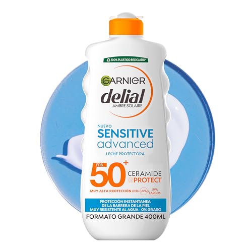 Garnier, Delial Ambre Solaire, Sensitive Advanced Leche Hipoalergénica SPF50+, para Piel Sensible, con Protección de Ceramida, Rápida Absorción y No Grasa, 400ml
