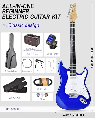 Image of Leo Jaymz Beginner Electric Guitar Complete Kit with Portable Amp, Padded Gig Bag & Full Accessories, Maple Neck SSS Pickups(Royal Blue)