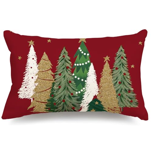 ARGOOFG Federa per cuscino natalizia, 30 x 50 cm, decorazioni per albero di Natale, in velluto rosso, decorazione natalizia invernale, cuscini decorativi per divano, vacanze, oro morbido