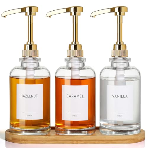 ALPIRIRAL Coffee Syrup Dispenser, Glass Syrup Pump Dispenser for Coffee Bar Accessories, Maple Syrup Bottles with Tray, 16.9 fl oz Simple Syrup Bottles with 1/4oz Large Capacity Gold Pump