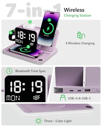 Image of Acer 7-in-1 Wireless Charging Station with LED Clock - 30W Fast Wireless Charger for iPhone 16 /15 /14 /13 /12 /Pro Max, Apple Watch, AirPods - Bluetooth Auto Time Sync & Night Lights (Purple)
