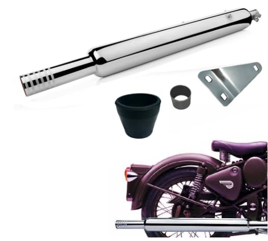 Image of HK LONG PUNJAB Silencer,(BADA PUNJAB)(LONG BOTTLE) FOR ROYAL ENFIELD Silver Chrome Plated compatible with CLASSIC 350 /500 / BULLET 350 / ELECTRA /(FOR BS3 /BS4 RE MODELS)