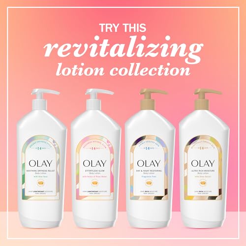 Image of Olay Body Lotion for Women, Effortless Glow, Restore Natural Glow, 24hr Moisturizing & Deep Hydration, Absorbs Instantly, Penetrating Vitamin B3 Complex, For All Skin Types, Rose Water Scent, 18 fl oz