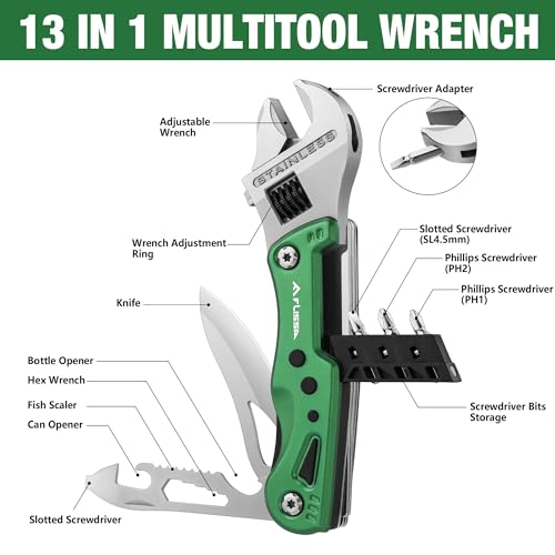 FLISSA 13 in 1 Multi-Tool Wrench with Carry Bag, Green Stainless Steel Multifunctional Tool with Hexagonal Wrench, Bottle Opener, Screwdriver with Bits (PH1,PH2,SL4.5) for Camping Maintenance - Image 2