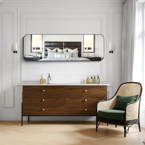 Image of KOCUUY 60 inchx20 inch Full Length Wall Mirror, Large Black Vanity Mirror with Rounded Corner & Metal Frame, Modern Design for Bathroom, Living Room, Entryway, Hang Horizontal /Vertical