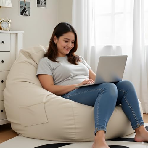 Image of 4XL Leatherette Bean Bag Chair with Footrest & Cushion with Beans Filled (Ready to Use) Color- (Cream, Bean Bag Only)