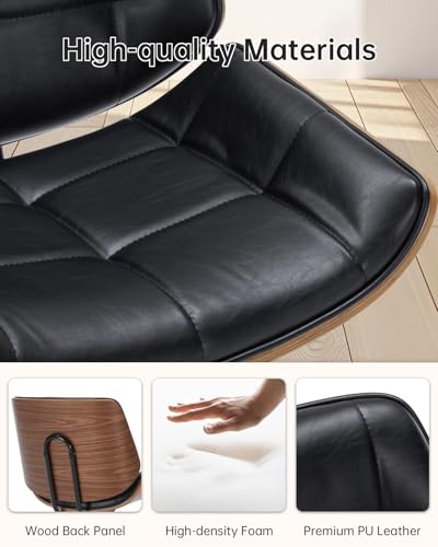 Image of Home Office Chair No Arms,Armless Adjustable Height Small Desk Chair,PU Leather Swivel Computer Chair with Wheels,Mid-Century Modern Walnut Mid Back Chair for Office, Reading Room,Bedroom(Black)